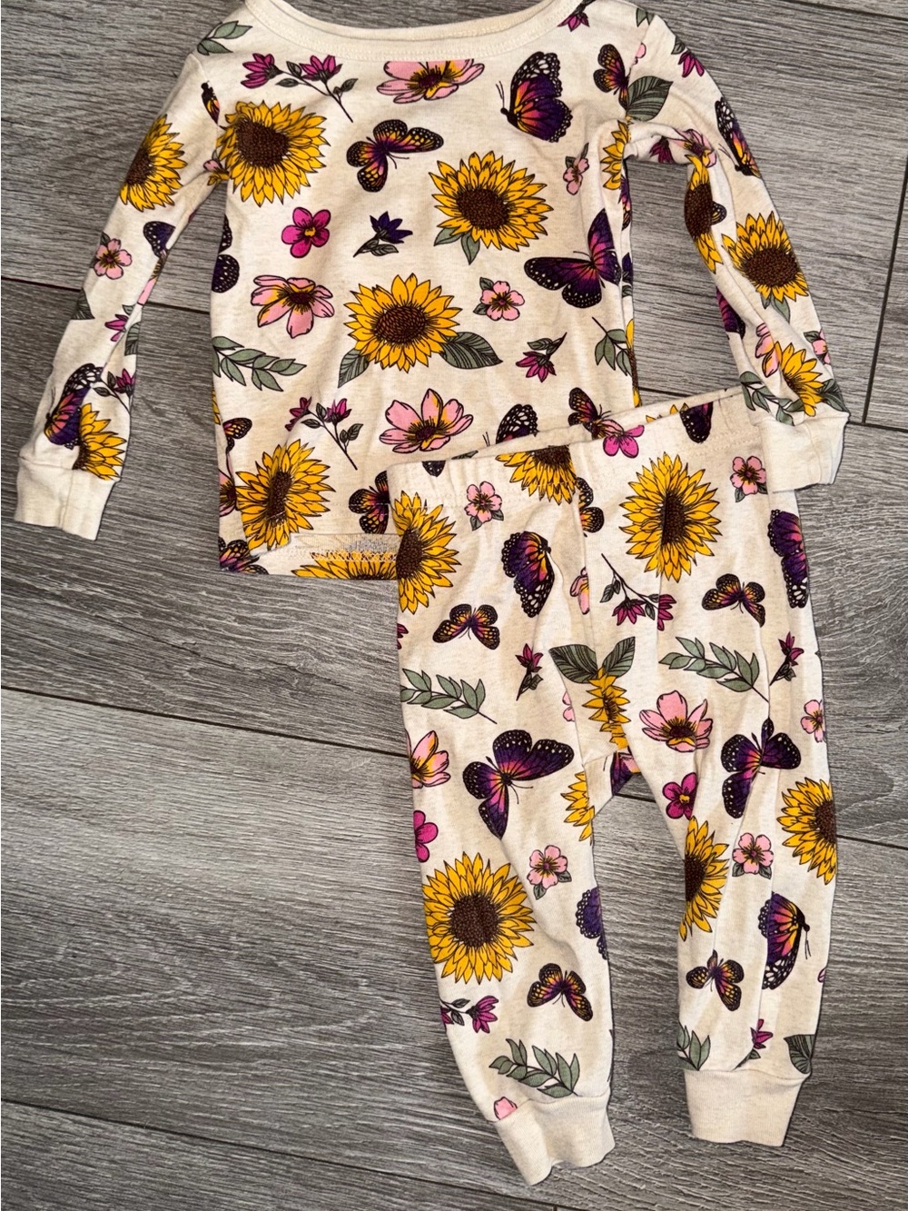 The Children's Place Cream Pajama Set with Yellow Sunflowers & Pink Butterflies